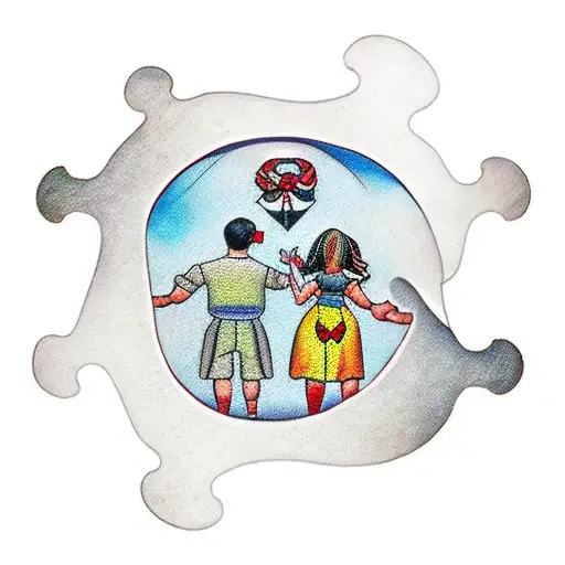 Traditional style tattoo of a family holding hands with an autism puzzle piece in the center tattoo design idea