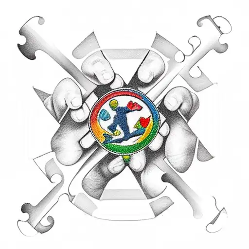 Traditional style tattoo of a family holding hands with an autism puzzle piece in the center tattoo design idea