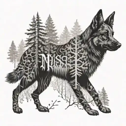 A German Shepherd silhouette in a forest scene with a hidden musical note incorporated, representing your love for music and dogs tattoo design idea