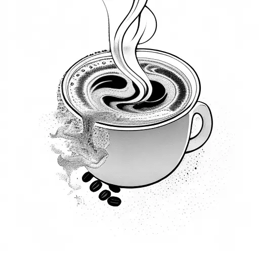 A steaming cup of coffee with swirling patterns of steam and coffee beans tattoo design idea
