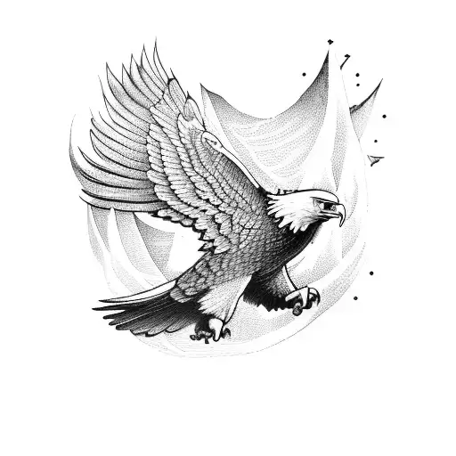 A majestic eagle soaring over a mountain range with music notes flowing from its wings tattoo design idea
