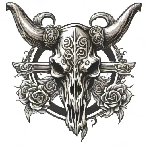 cross and western bull skull tattoo design idea