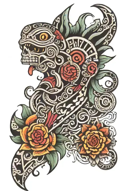 Aztec tribal symbiotic tattoo sleeve  tattoo design idea