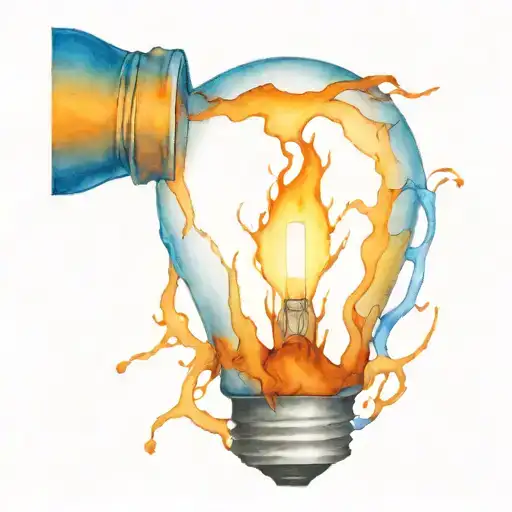 One lightbulb cracked, one intact, Chester Bennington flames, orange and blue tattoo design idea