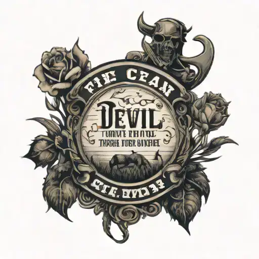 "the devil can scrap but the lord has won" in old style text western theme cross in a field with horse, no skulls  tattoo design idea
