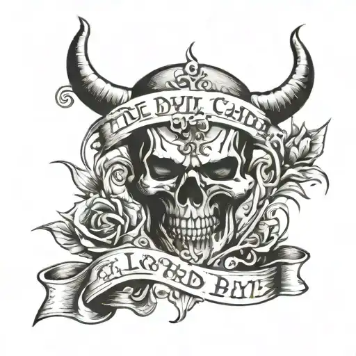 "the devil can scrap but the lord has won" in old style text western theme cross in feild below words tattoo design idea