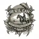 "the devil can scrap but the lord has won" in old style text western theme cross in a field with horse, no skulls  tattoo design idea