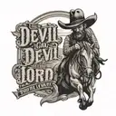 "the devil can scrap but the lord has won" in old style text western theme cross in a field with horse, no skulls  tattoo design idea