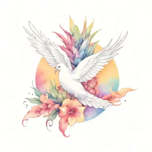 dove, phoenix, and a pineapple with a crown. tattoo design idea