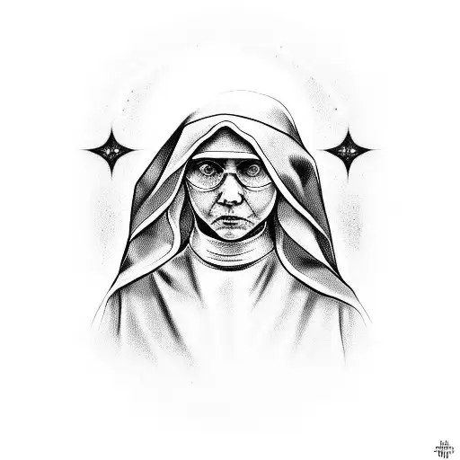 Nun looking right toward a cluster of stars while holding a cross tattoo design idea