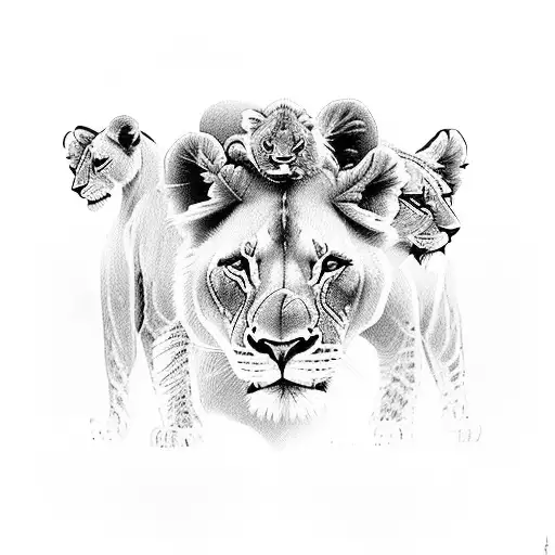 A lioness with her two cubs in surreal black and white tattoo design idea