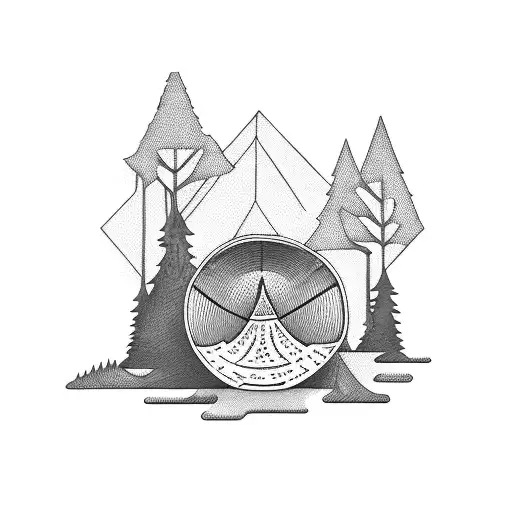A disc golf basket nestled in a serene forest clearing tattoo design idea