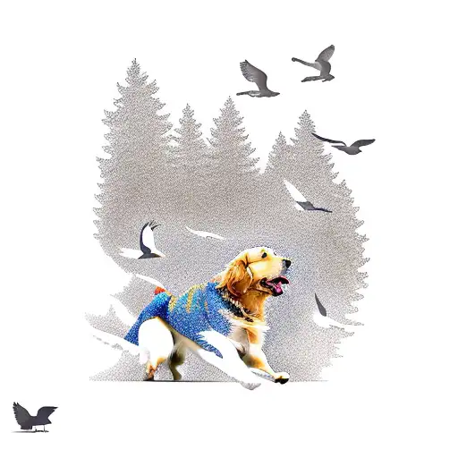 A golden retriever chasing a flock of birds in a scenic natural landscape on land tattoo design idea