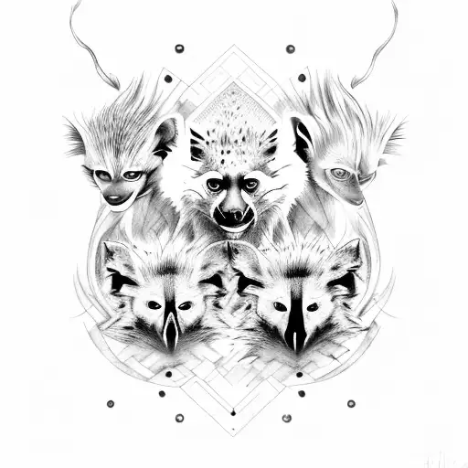 a mixture of hyena, cape cut porcupine, serval, bat eared fox, mongoose, swamp and colobus monkeys, and lemur tattoo design idea