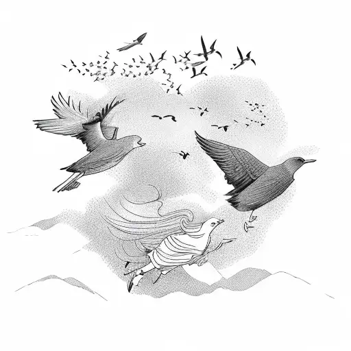 A golden retriever chasing a flock of birds in a scenic natural landscape tattoo design idea