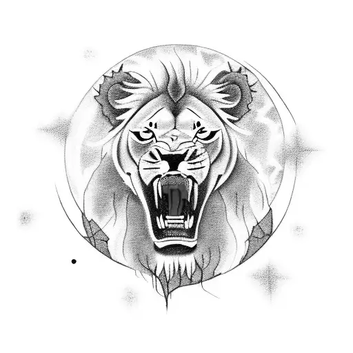 A hauntingly beautiful blackwork tattoo of a lioness roaring at the moon, stuck in a lions mane, gender and abandonment  tattoo design idea