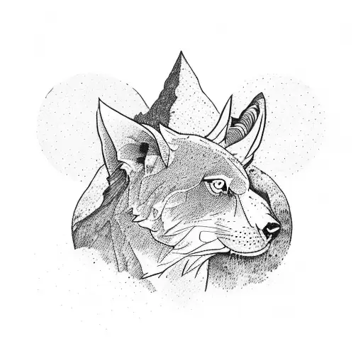 A silhouette of a wildlife biologist observing a majestic mountain range tattoo design idea