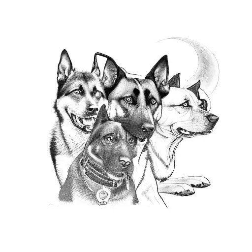 A black-grey tattoo of a businesswoman surrounded by her malinois dog and friends, with a mystical car in the background tattoo design idea