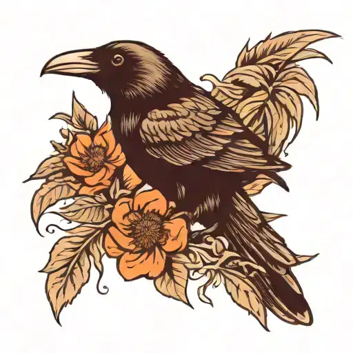 crow and flowers tattoo design idea