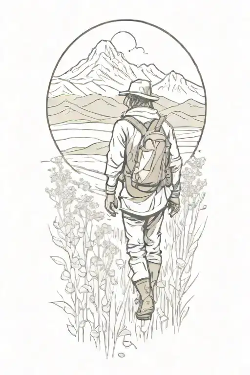 A sketch of a nomad walking through a field of wildflowers with mountains in the background tattoo design idea