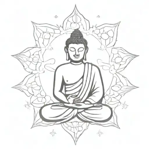 A minimalist outline of a Buddha statue surrounded by swirling snowflakes, representing peace and tranquility in nature tattoo design idea