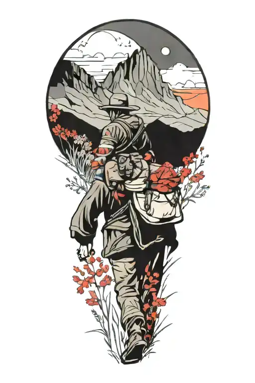 A sketch of a nomad walking through a field of wildflowers with mountains in the background. red bkue amd brught colors tattoo design idea