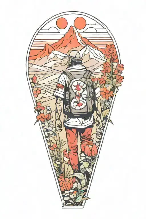 A sketch of a nomad walking through a field of wildflowers with mountains in the background. red blee and bright colors tattoo design idea