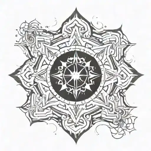 A minimalist design of a snowflake morphing into a compass rose, symbolizing the nomadic spirit of exploration tattoo design idea