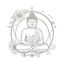 A minimalist outline of a Buddha statue surrounded by swirling snowflakes, representing peace and tranquility in nature tattoo design idea