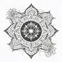 A minimalist design of a snowflake morphing into a compass rose, symbolizing the nomadic spirit of exploration tattoo design idea