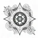 A minimalist design of a snowflake morphing into a compass rose, symbolizing the nomadic spirit of exploration tattoo design idea