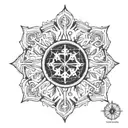A minimalist design of a snowflake morphing into a compass rose, symbolizing the nomadic spirit of exploration tattoo design idea
