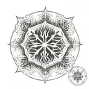 A minimalist design of a snowflake morphing into a compass rose, symbolizing the nomadic spirit of exploration tattoo design idea