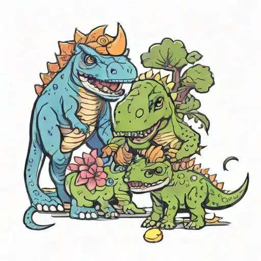 cute t-rex and triceratops with the names Ryleigh and Seren tattoo design idea