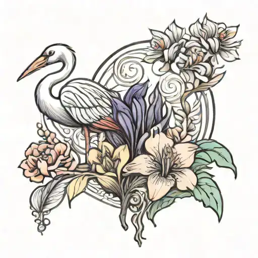 iris and flamingo standing tattoo design idea