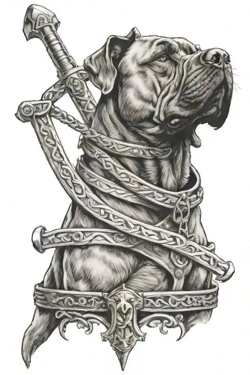 Gladiator holding sword with Cane Corso and has a cross around his neck tattoo design idea