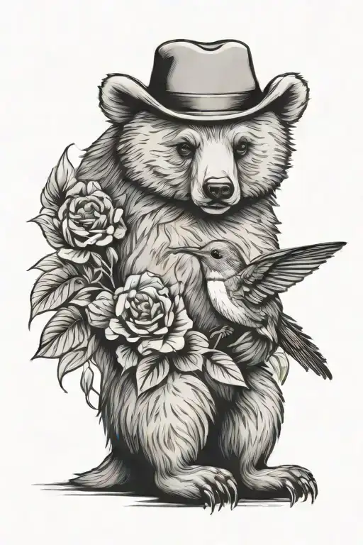 bear cub and large hummingbird sitting tattoo design idea