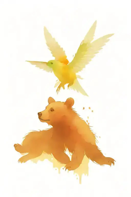 bear cub and hummingbird hovering tattoo design idea