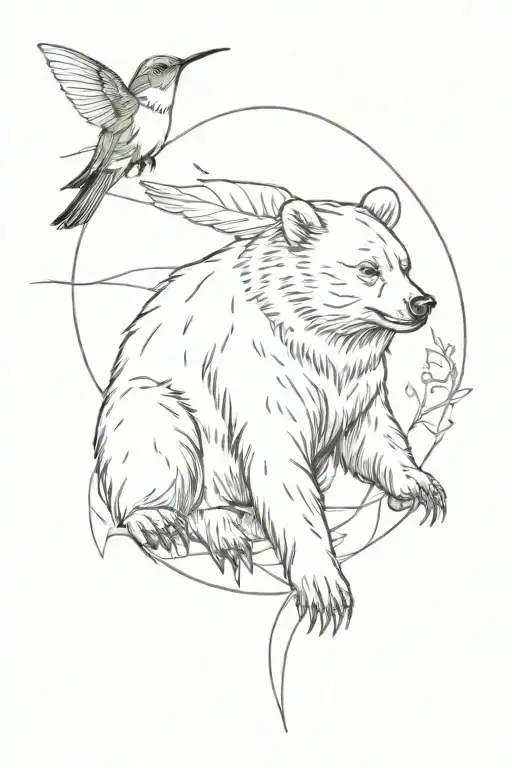 bear cub and large hummingbird sitting tattoo design idea