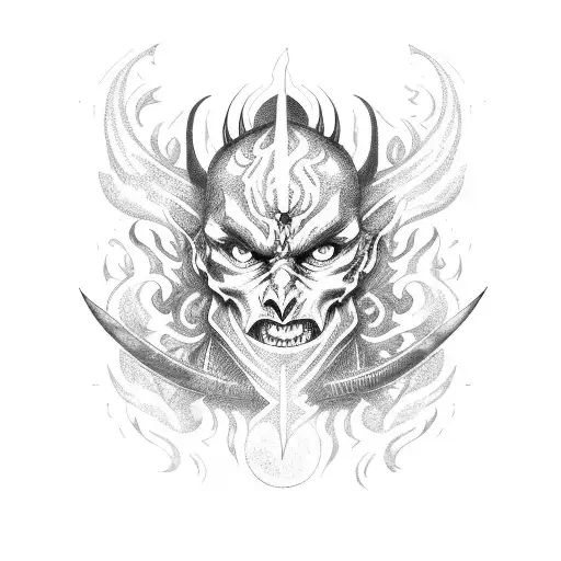 A demon slayer wielding a sword against a backdrop of swirling flames tattoo design idea