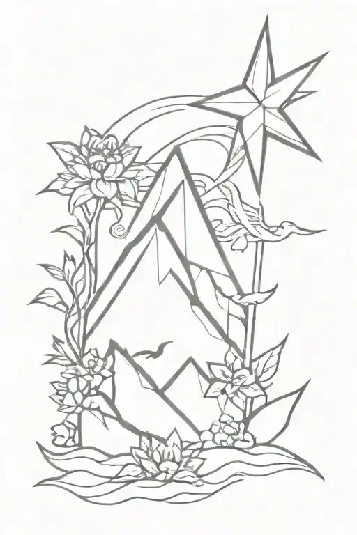 eye, wyvern, dagger, mountain with three stars, flowers, wave crashing on rock tattoo design idea