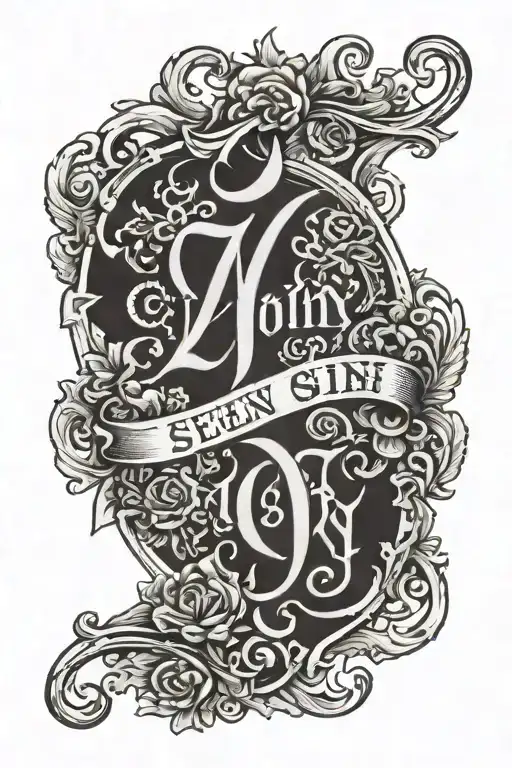 patch tattoo design that incorporates the seven deadly sins in a gothic font tattoo design idea