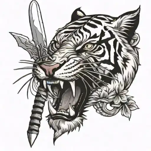 black and white tiger biting a sword tattoo  tattoo design idea