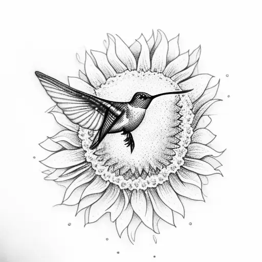 A dotwork tattoo of a delicate hummingbird perched on a vibrant sunflower tattoo design idea