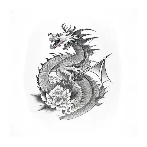 A fierce dragon wrapped around a sword, with Japanese flowers blooming around them tattoo design idea