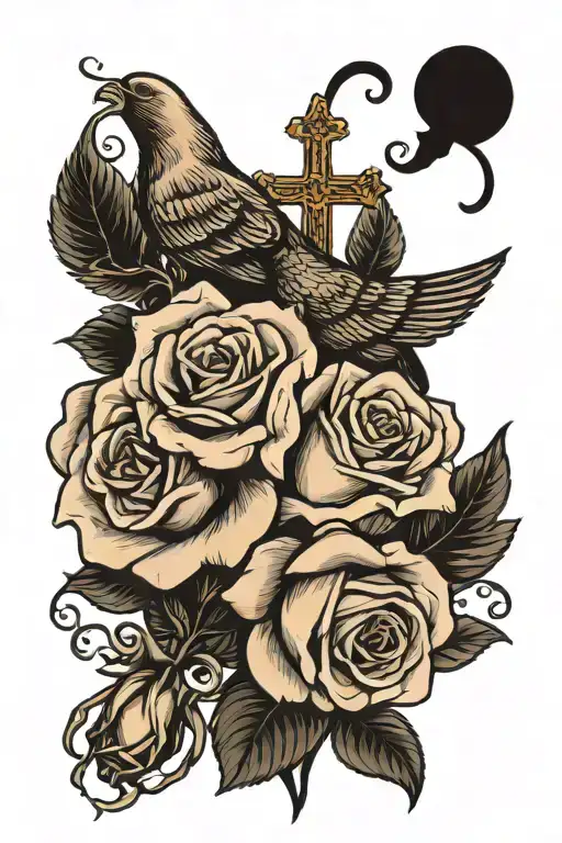 2 roses with blank cross and a pigeon and black shade all around it tattoo design idea