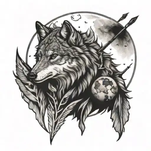 wolf and arrows with a moon phase tattoo design idea