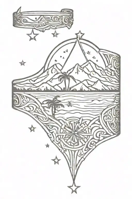 arm band that incorporates a trident, palm tree, mountains and stars tattoo design idea