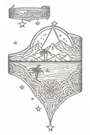 arm band that incorporates a trident, palm tree, mountains and stars tattoo design idea