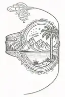 arm band that incorporates a trident, palm tree, mountains and stars tattoo design idea
